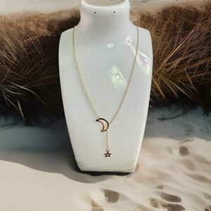 -NECKLACE Titanium Steel Tassel Star Moon Gold Tone Up To 24” With Extension